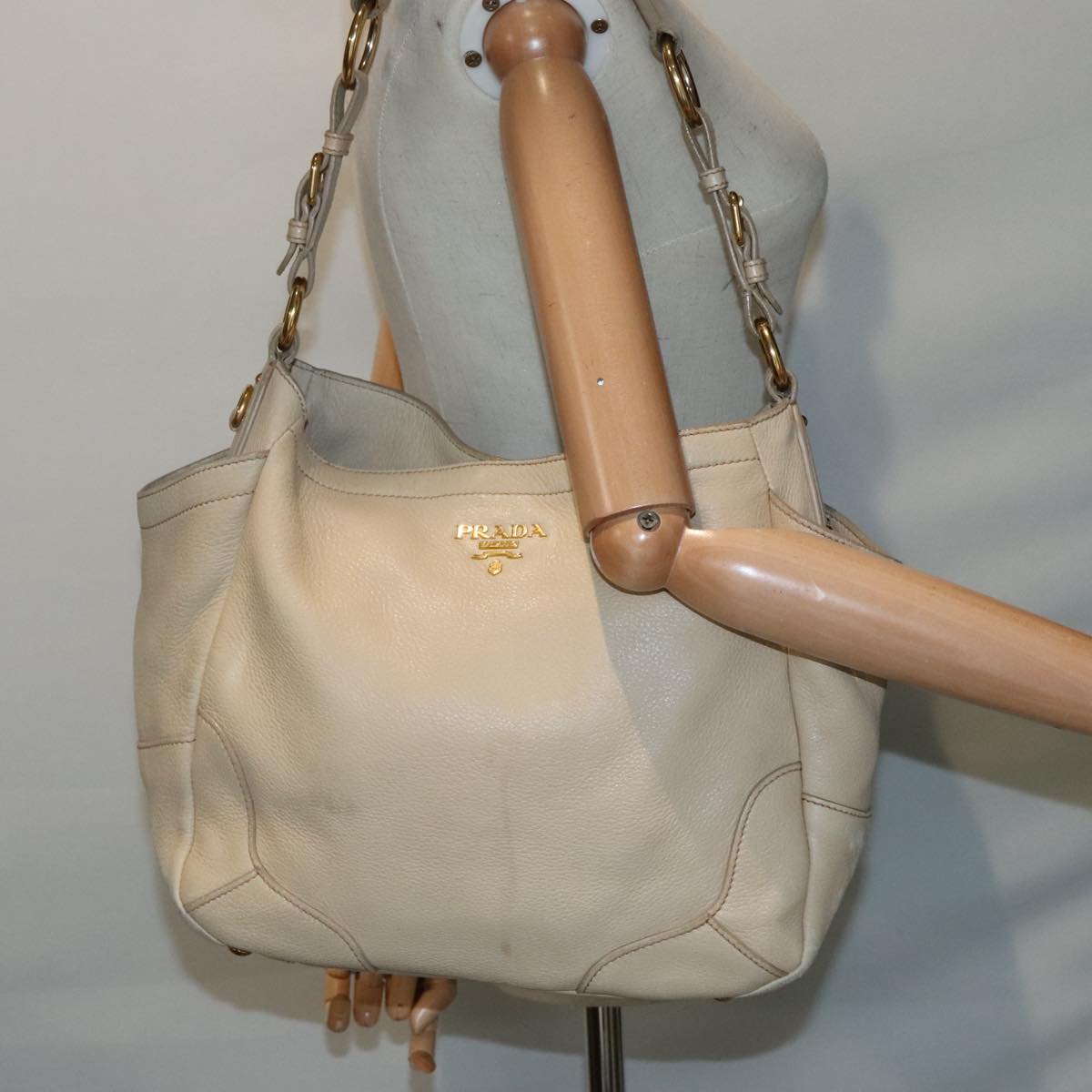 PRADA Tote Bag Leather Beige Gold Auth 92811