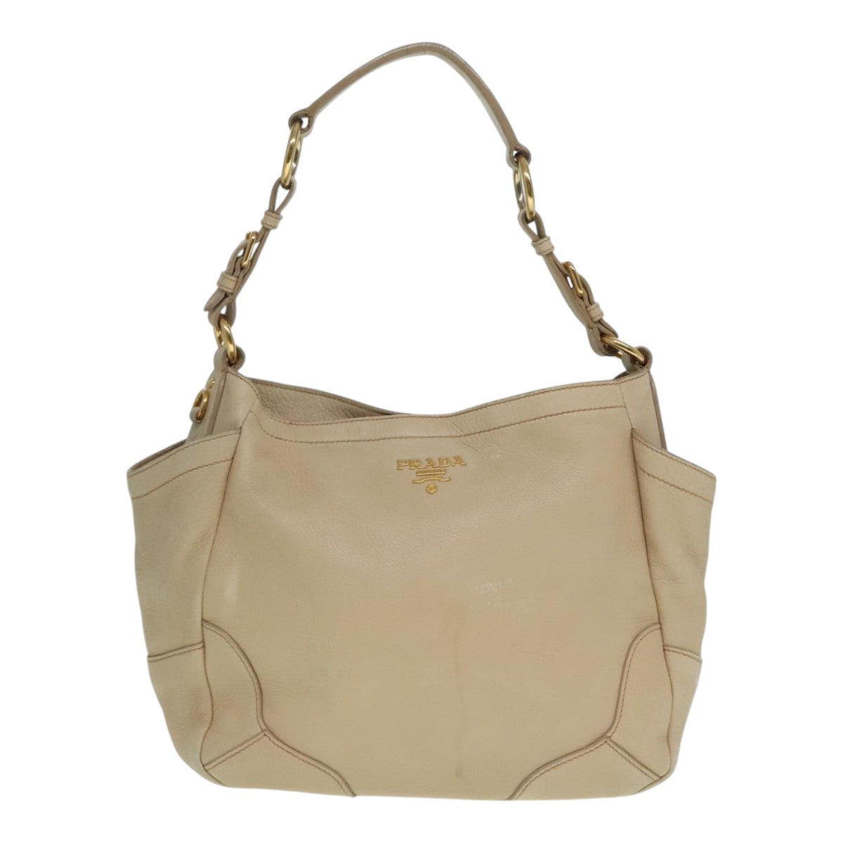 PRADA Tote Bag Leather Beige Gold Auth 92811