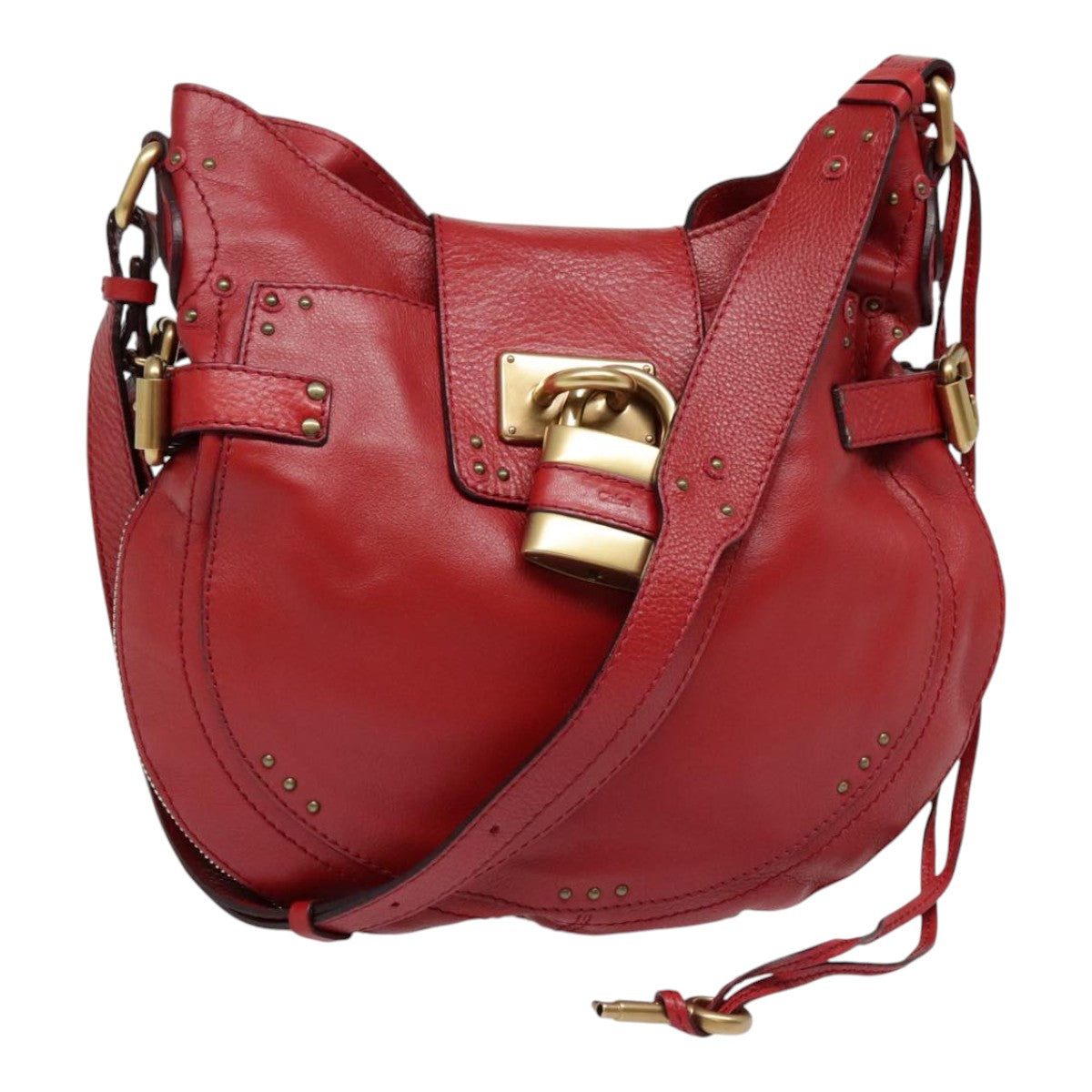 Chloe Paddington Shoulder Bag Leather Red Gold Auth 92813