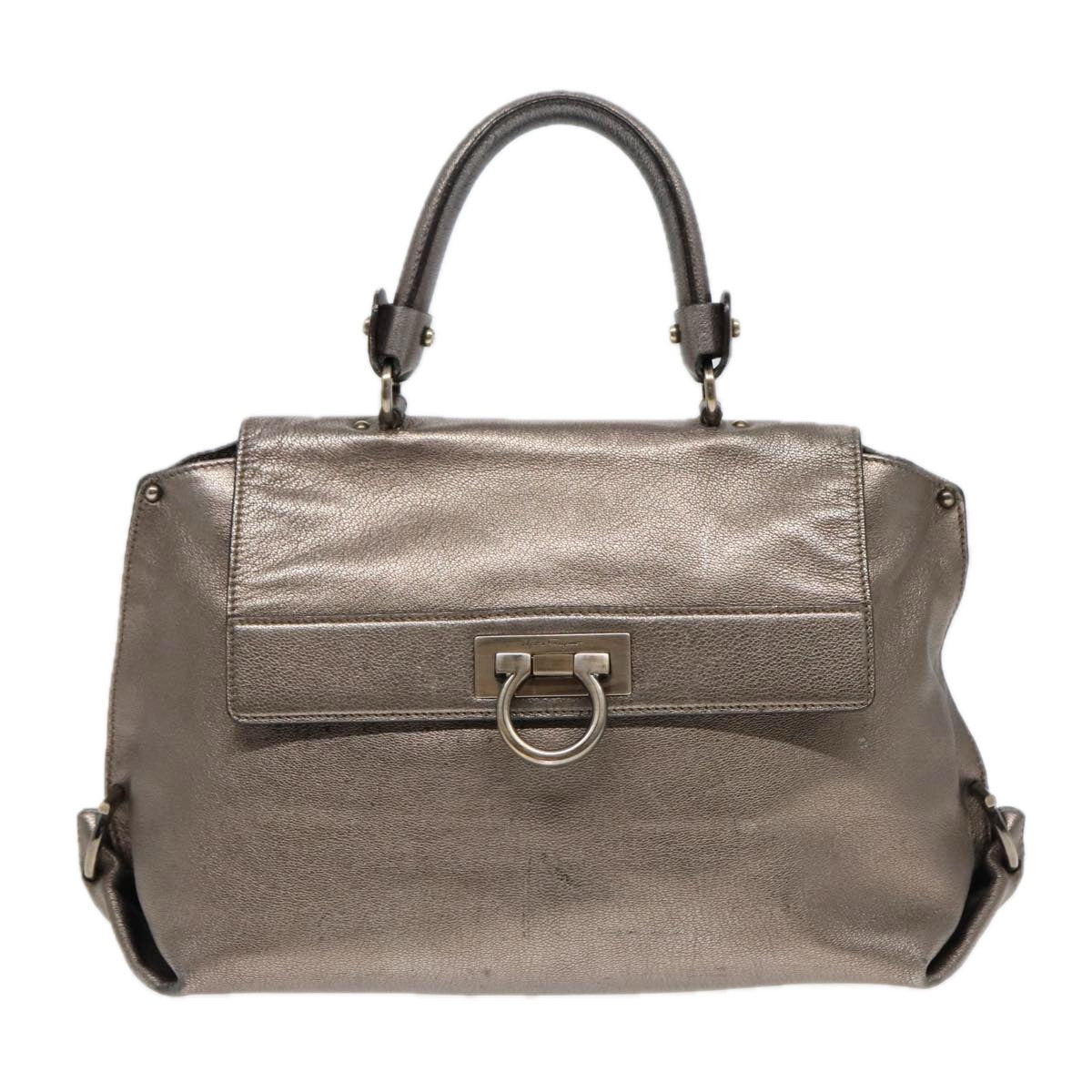 Salvatore Ferragamo Gancini Sofia Hand Bag Leather 2way Silver Auth 92815