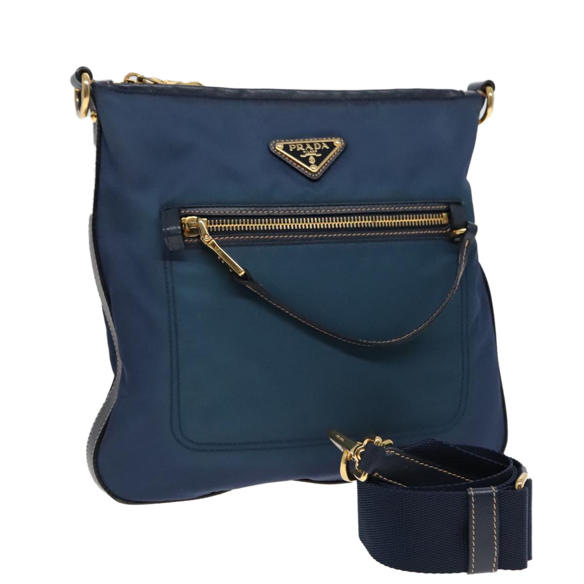 PRADA Shoulder Bag Nylon Blue Gold Auth 92817