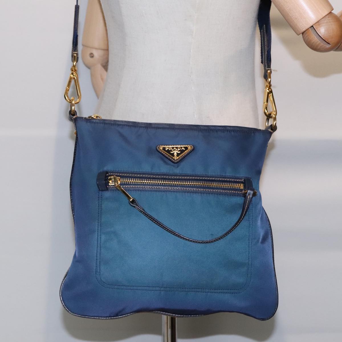 PRADA Shoulder Bag Nylon Blue Gold Auth 92817