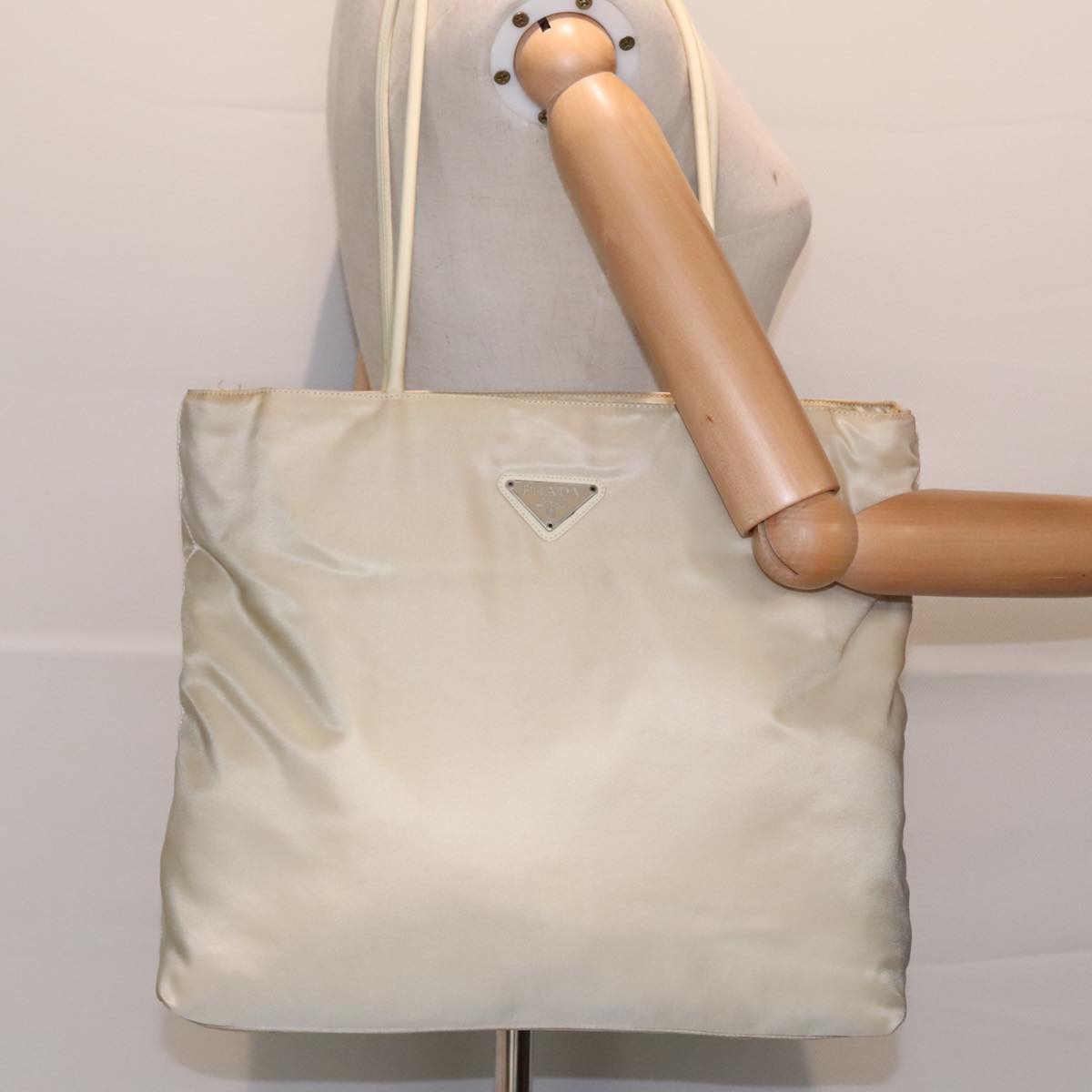 PRADA Tote Bag Nylon Beige Silver Auth 92818