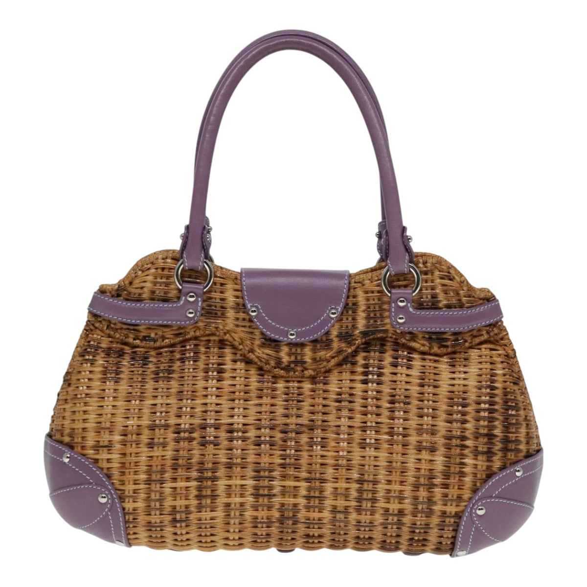 Salvatore Ferragamo Gancini Hand Bag Wicker Beige Purple Silver Auth 92821 - 0