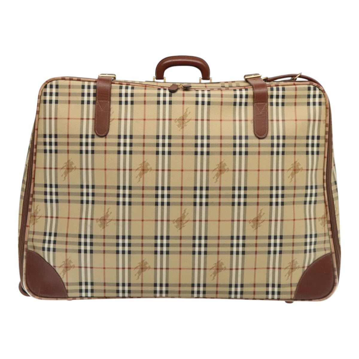 BURBERRY Nova Check suitcase PVC Leather Beige Gold Auth 92822