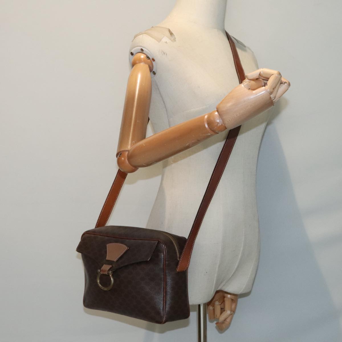 CELINE Macadam Canvas Shoulder Bag PVC Leather Brown Gold Auth 92832