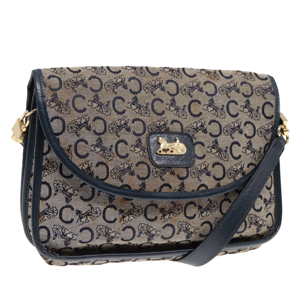 CELINE C Sulky Shoulder Bag Canvas Navy Gold Auth 92833