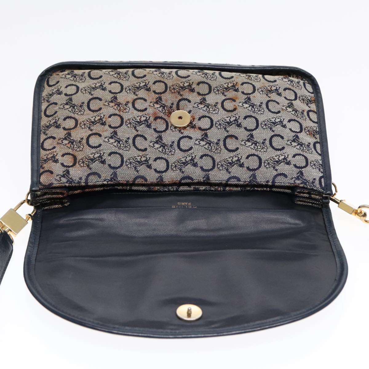 CELINE C Sulky Shoulder Bag Canvas Navy Gold Auth 92833