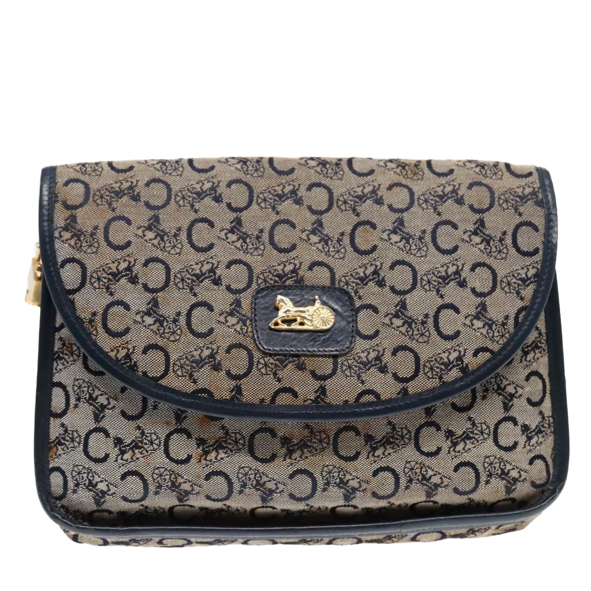 CELINE C Sulky Shoulder Bag Canvas Navy Gold Auth 92833