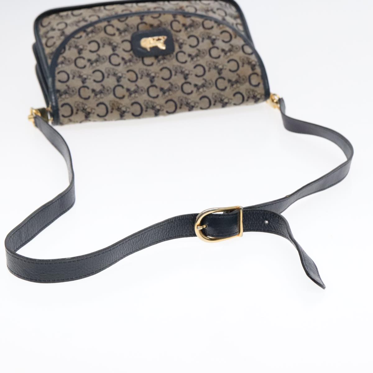 CELINE C Sulky Shoulder Bag Canvas Navy Gold Auth 92833