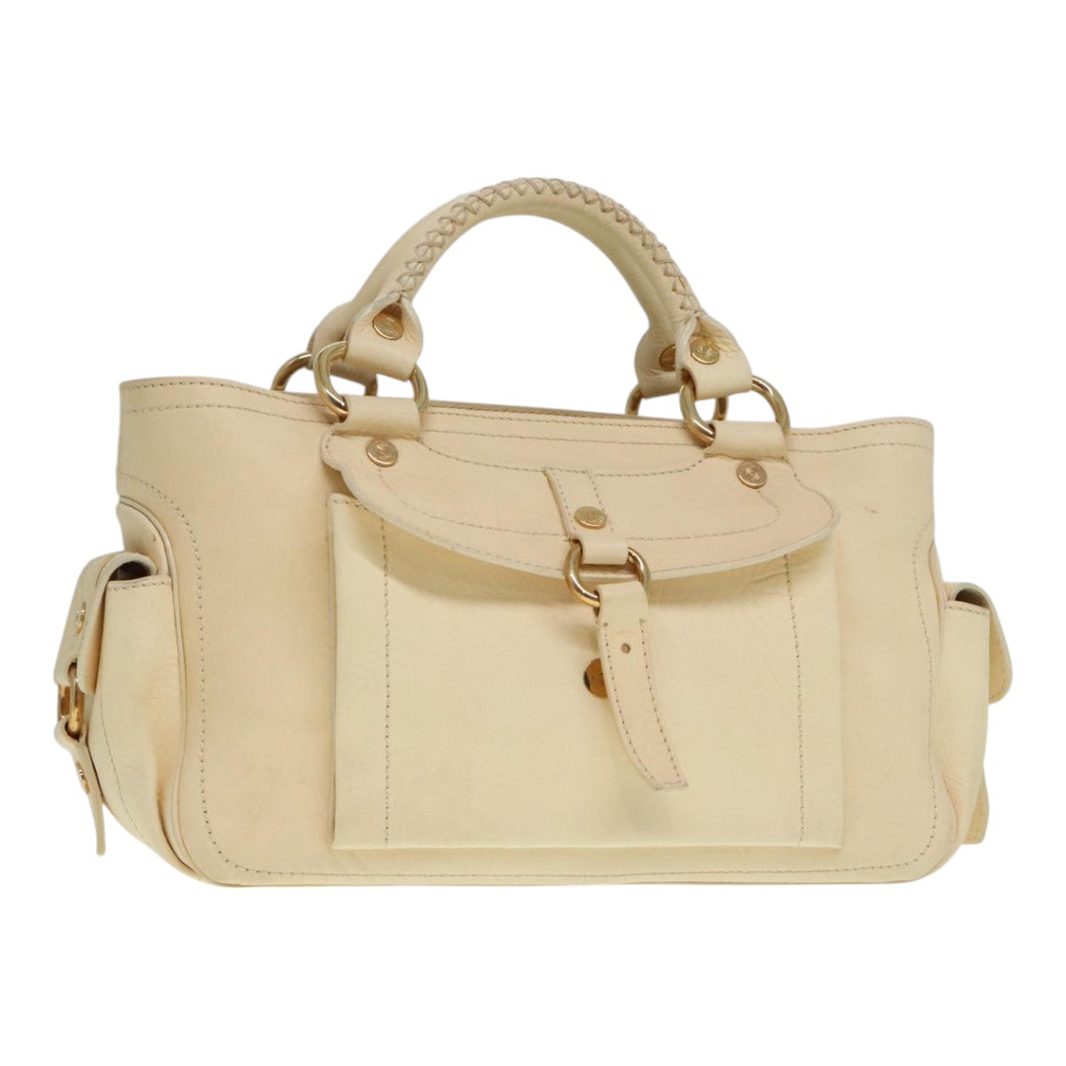 CELINE Hand Bag Leather Beige Gold Auth 92834