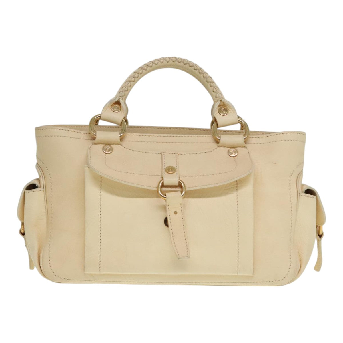 CELINE Hand Bag Leather Beige Gold Auth 92834 - 0