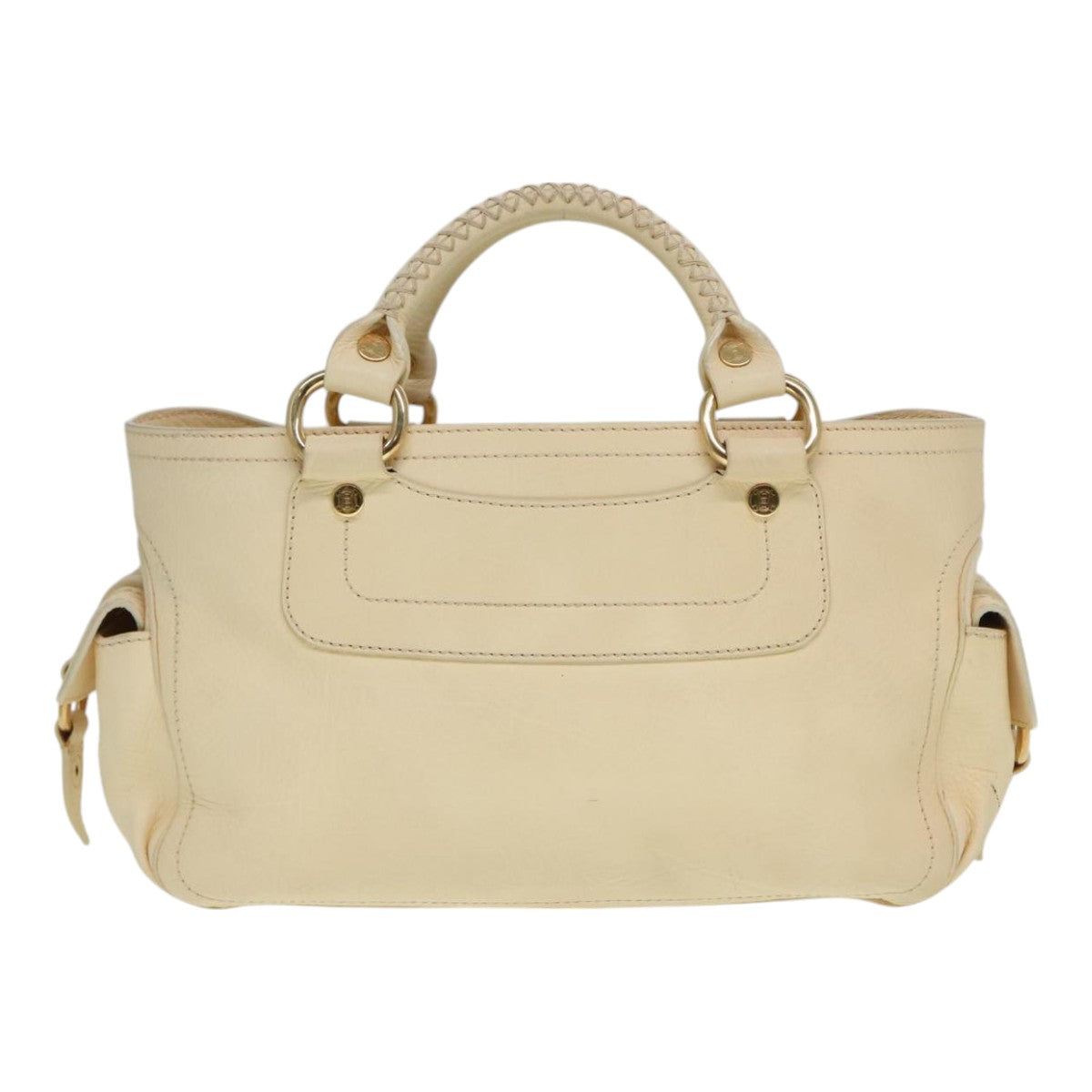 CELINE Hand Bag Leather Beige Gold Auth 92834