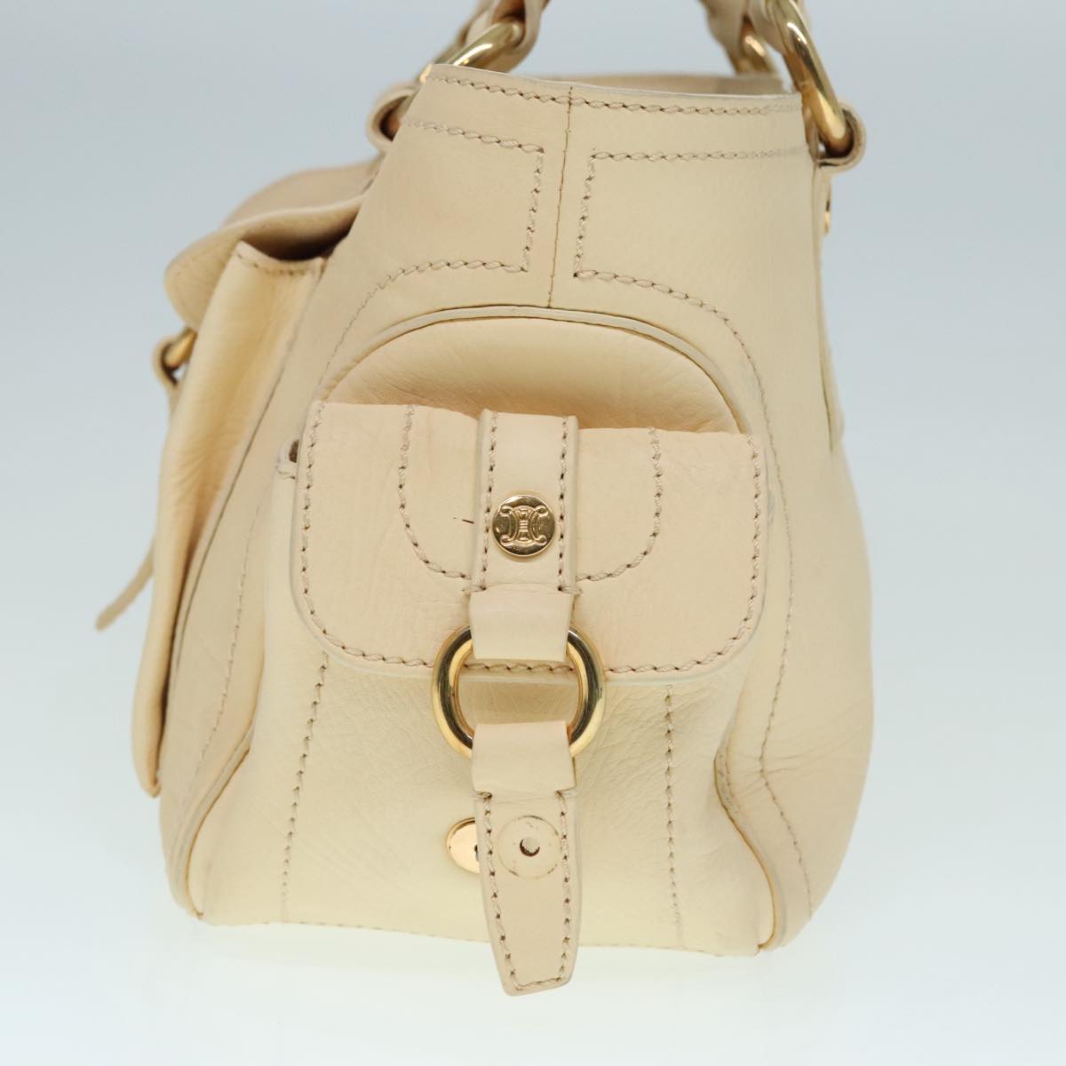 CELINE Hand Bag Leather Beige Gold Auth 92834