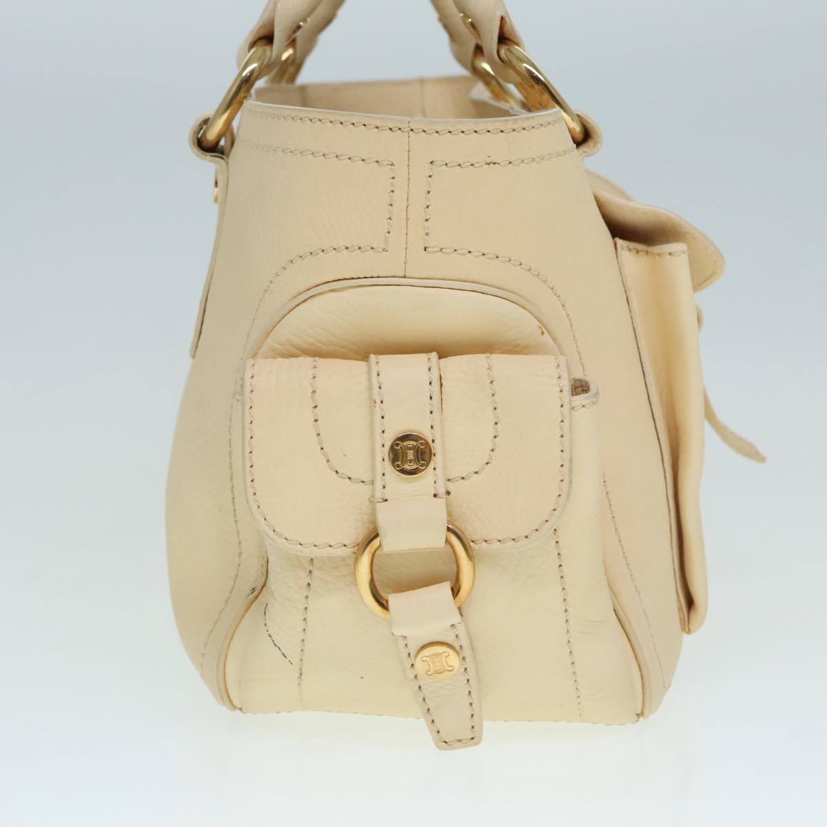 CELINE Hand Bag Leather Beige Gold Auth 92834