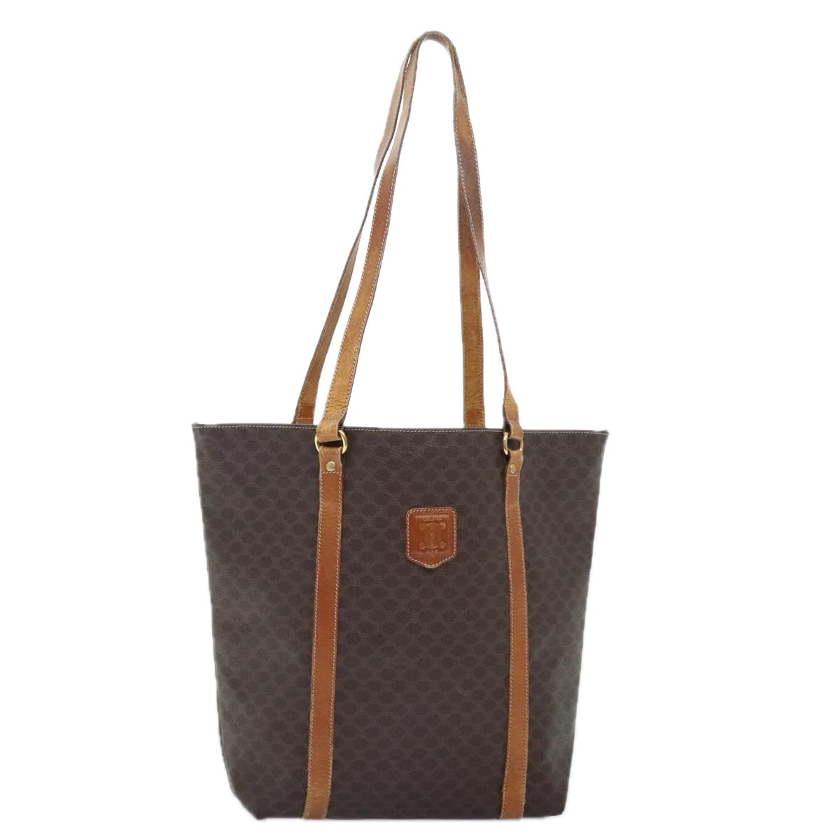 CELINE Macadam Canvas Tote Bag PVC Leather Brown Gold Auth 92854