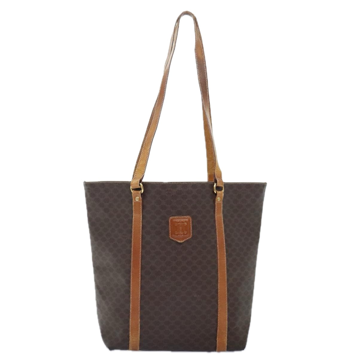 CELINE Macadam Canvas Tote Bag PVC Leather Brown Gold Auth 92854