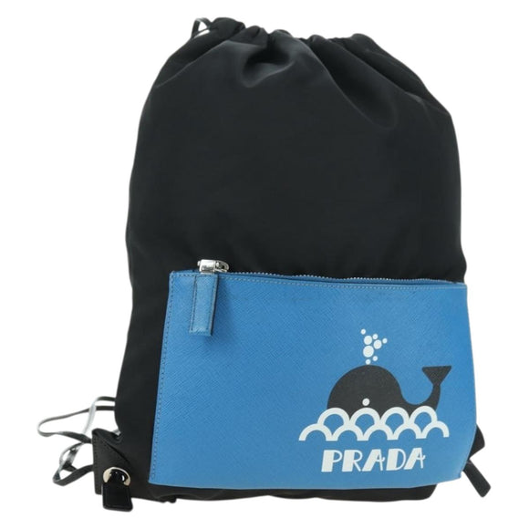 PRADA Backpack Nylon Leather Black Blue Silver Auth 92876
