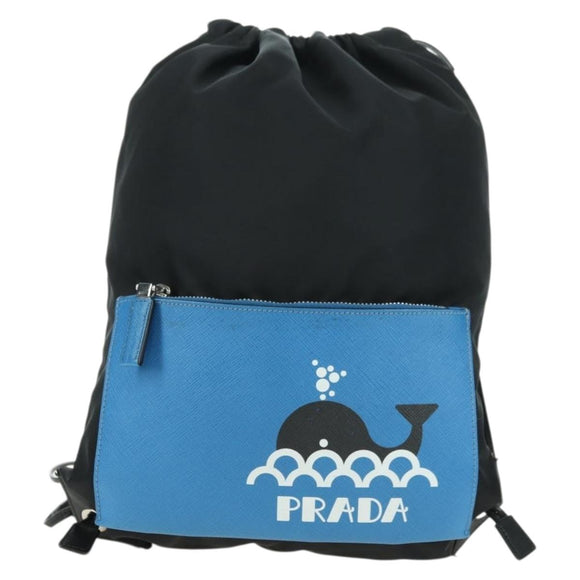 PRADA Backpack Nylon Leather Black Blue Silver Auth 92876
