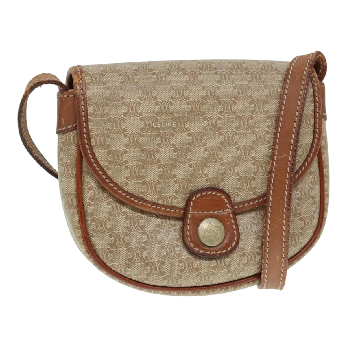 CELINE Macadam Canvas Shoulder Bag Beige Gold Auth 92929