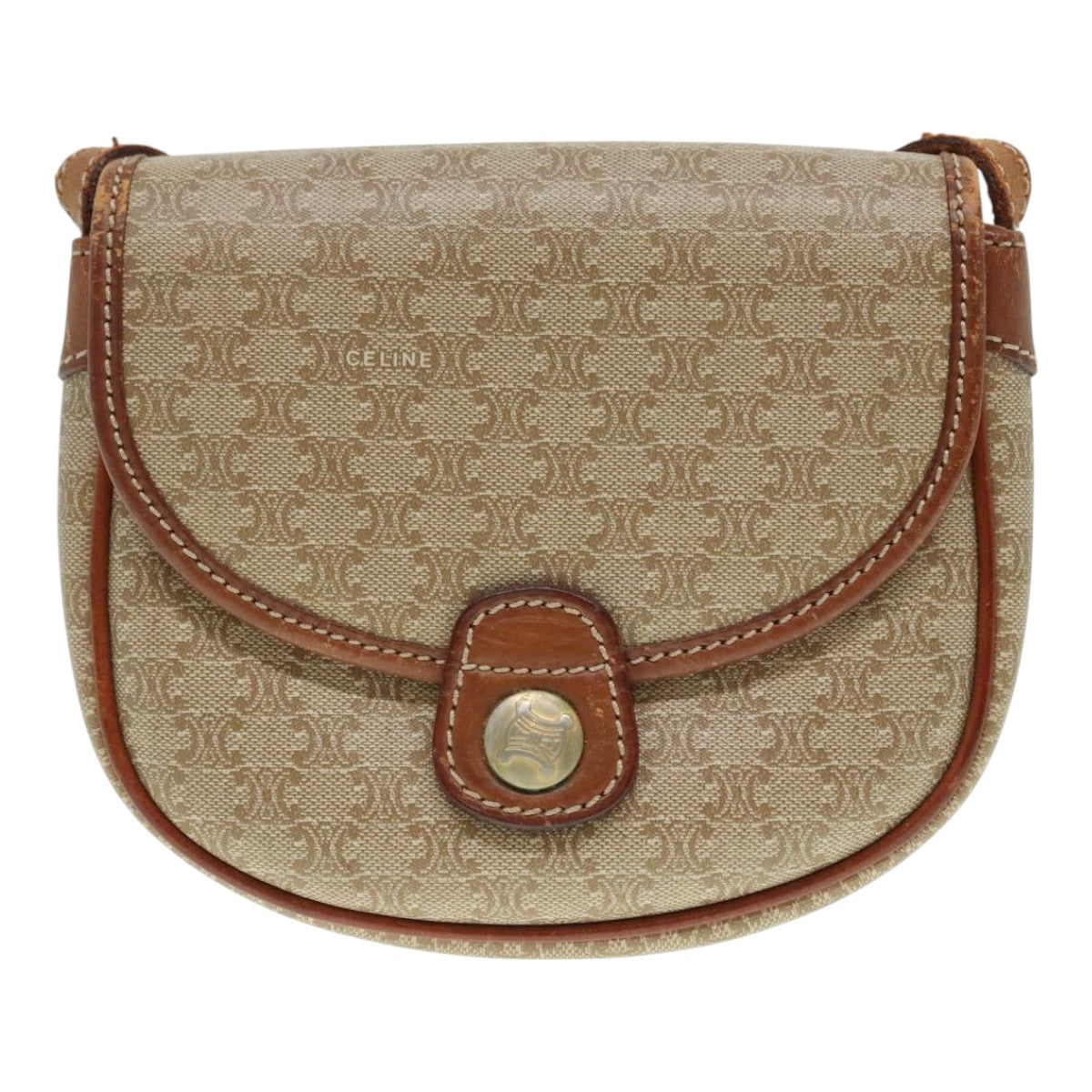 CELINE Macadam Canvas Shoulder Bag Beige Gold Auth 92929