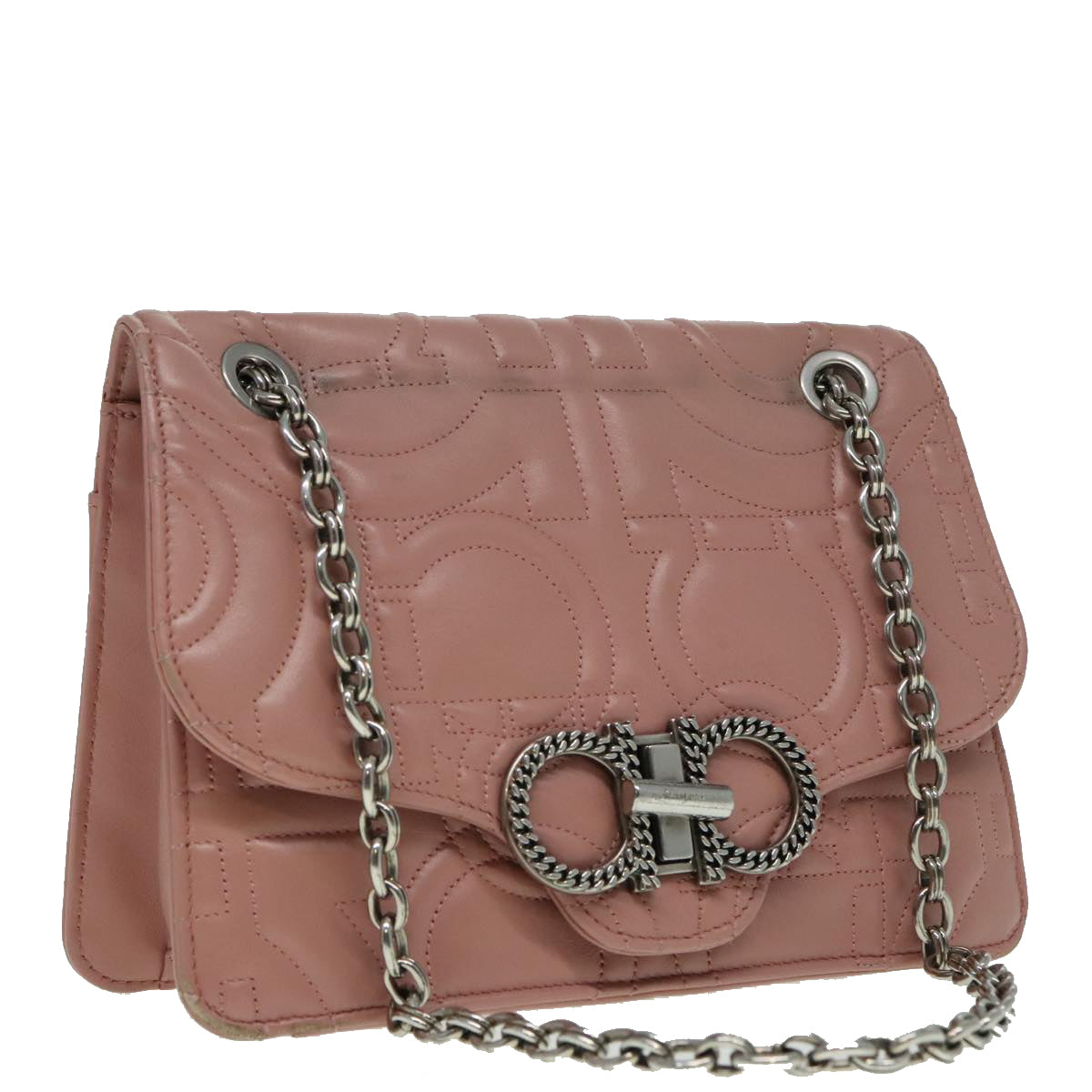 Salvatore Ferragamo Gancini Chain Shoulder Bag Leather Pink Silver Auth 92931