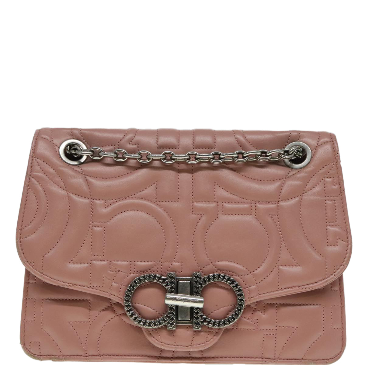 Salvatore Ferragamo Gancini Chain Shoulder Bag Leather Pink Silver Auth 92931 - 0