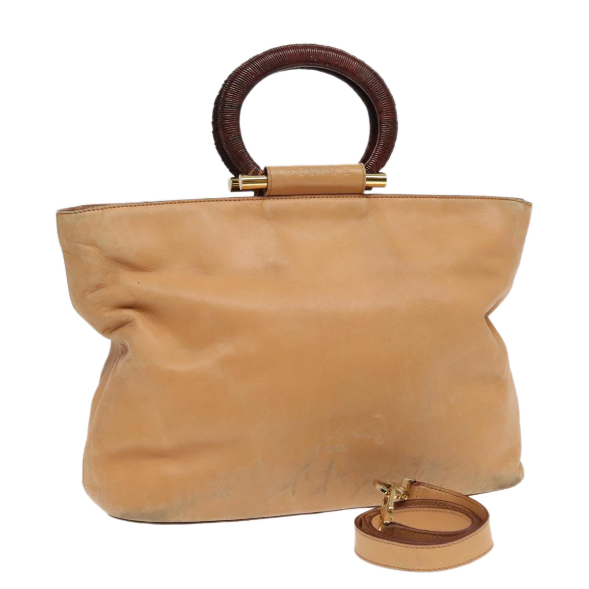 CELINE Hand Bag Leather 2way Beige Gold Auth 92968