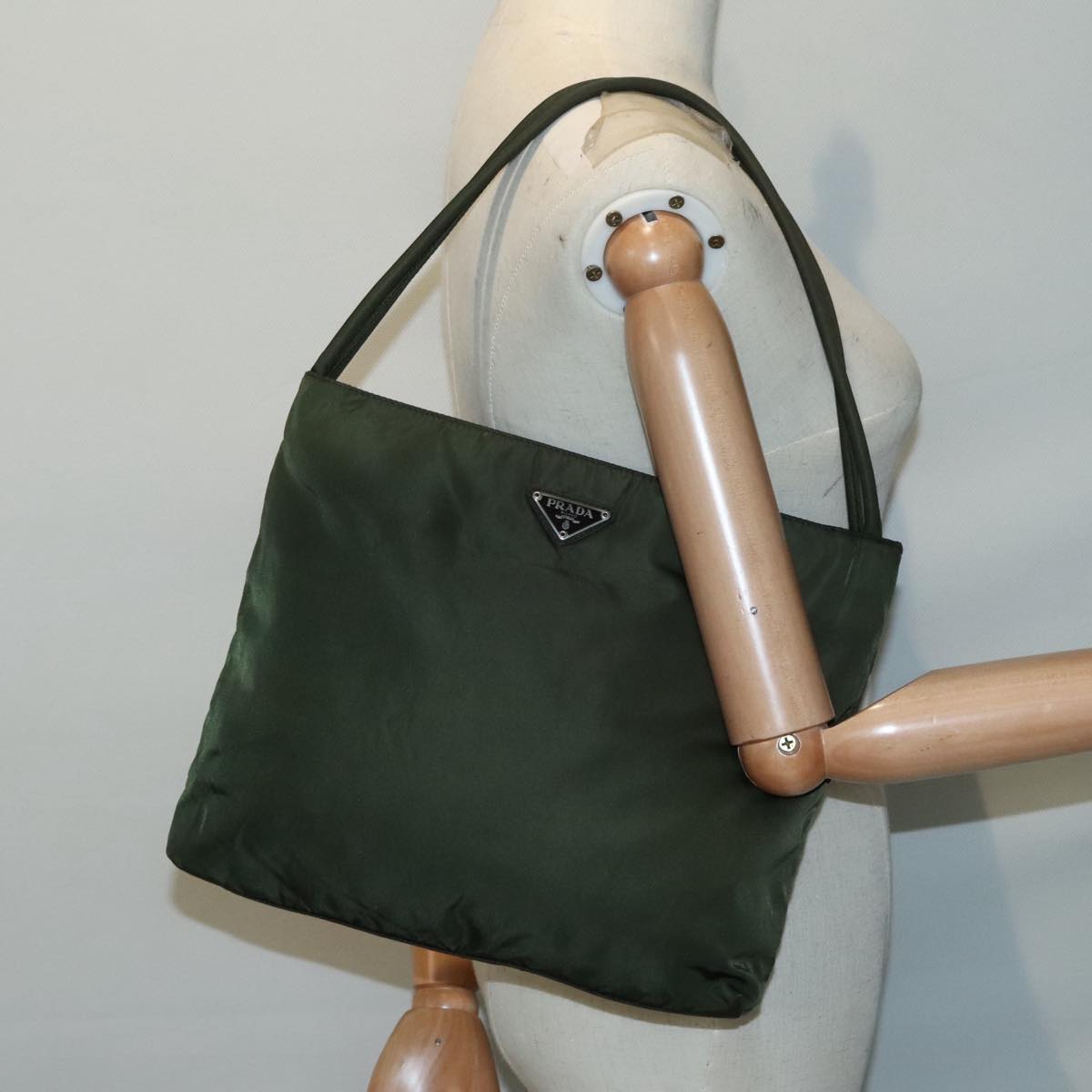 PRADA Tote Bag Nylon Green Silver Auth 92972