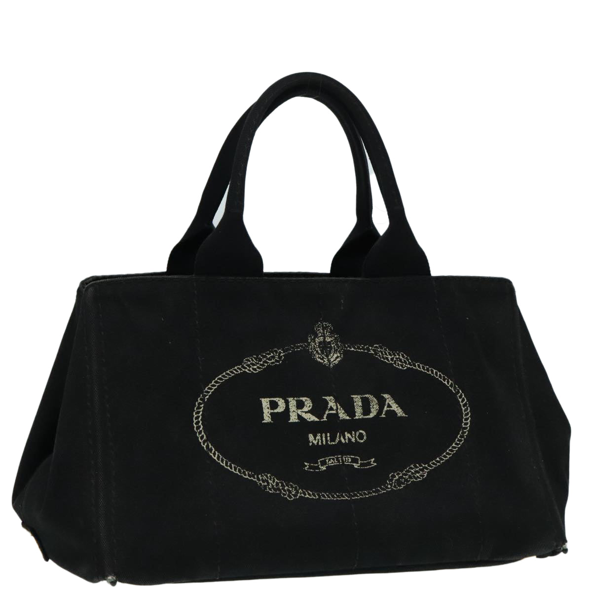 PRADA Canapa MM Hand Bag Canvas Black Gold Auth 92998