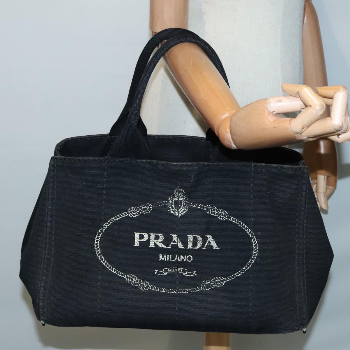 PRADA Canapa MM Hand Bag Canvas Black Gold Auth 92998