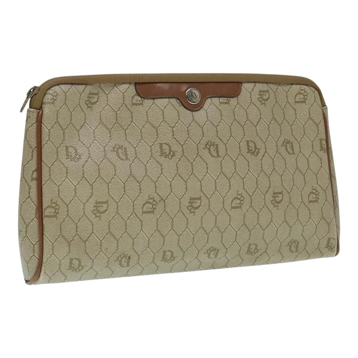 Christian Dior Honeycomb Canvas Clutch Bag PVC Leather Beige Auth 93009