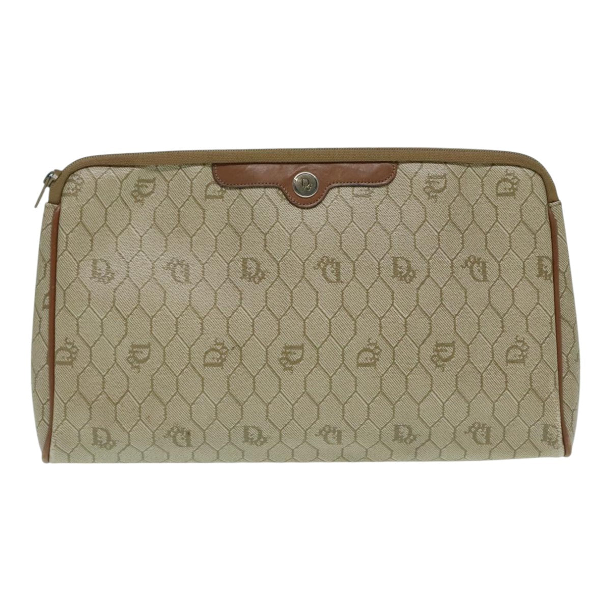 Christian Dior Honeycomb Canvas Clutch Bag PVC Leather Beige Auth 93009