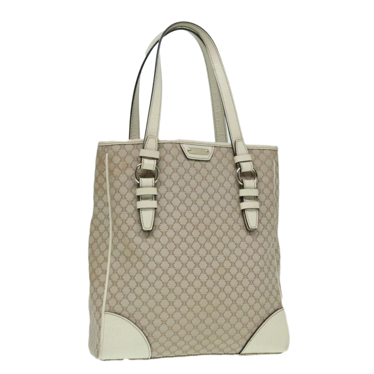 CELINE Macadam Canvas Tote Bag Beige Ivory Silver Auth 93010