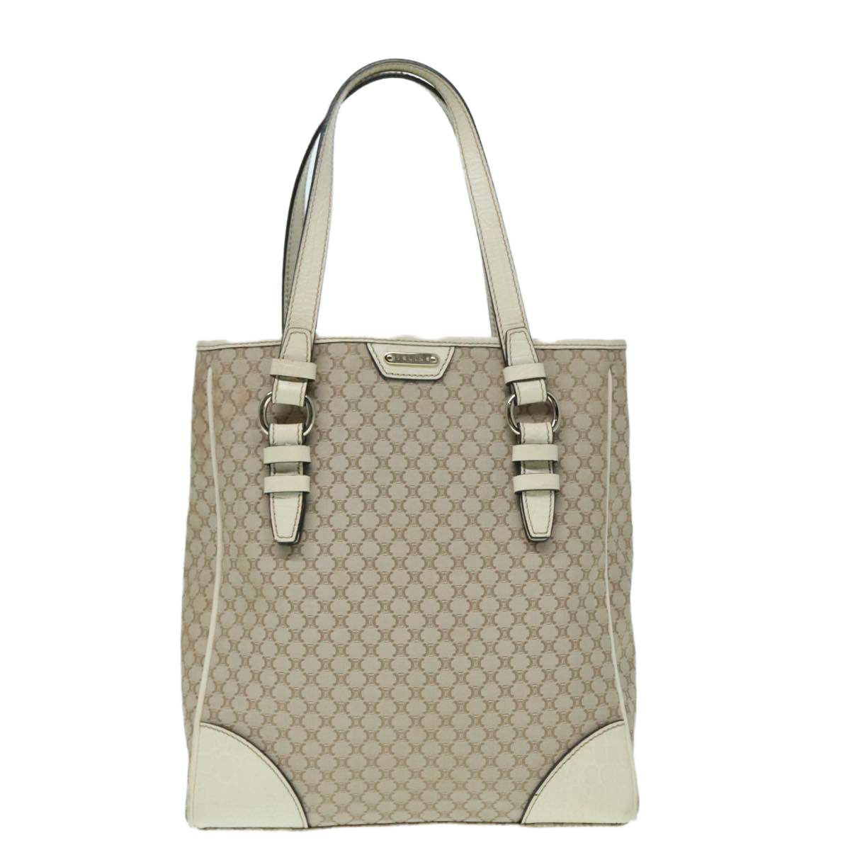 CELINE Macadam Canvas Tote Bag Beige Ivory Silver Auth 93010