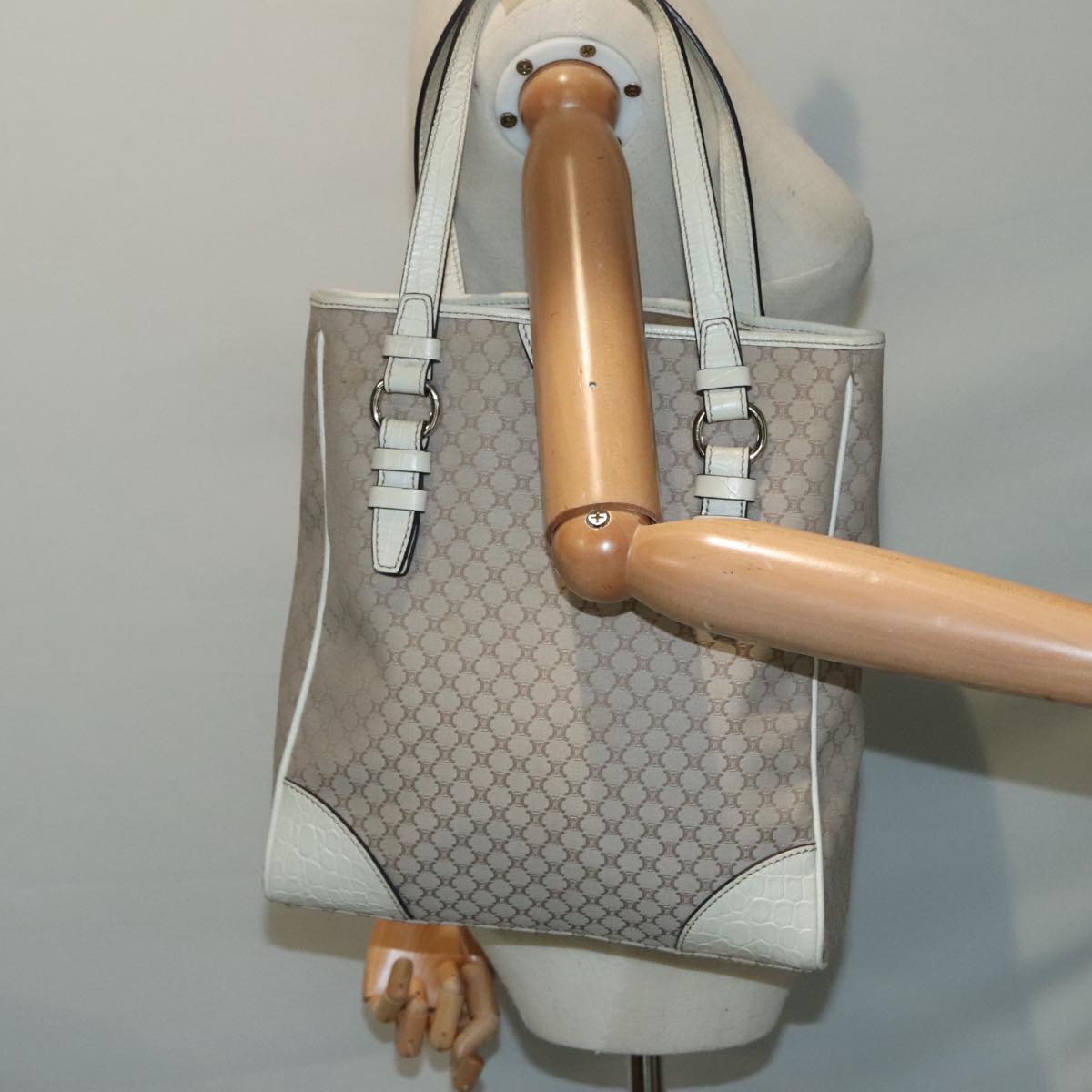 CELINE Macadam Canvas Tote Bag Beige Ivory Silver Auth 93010