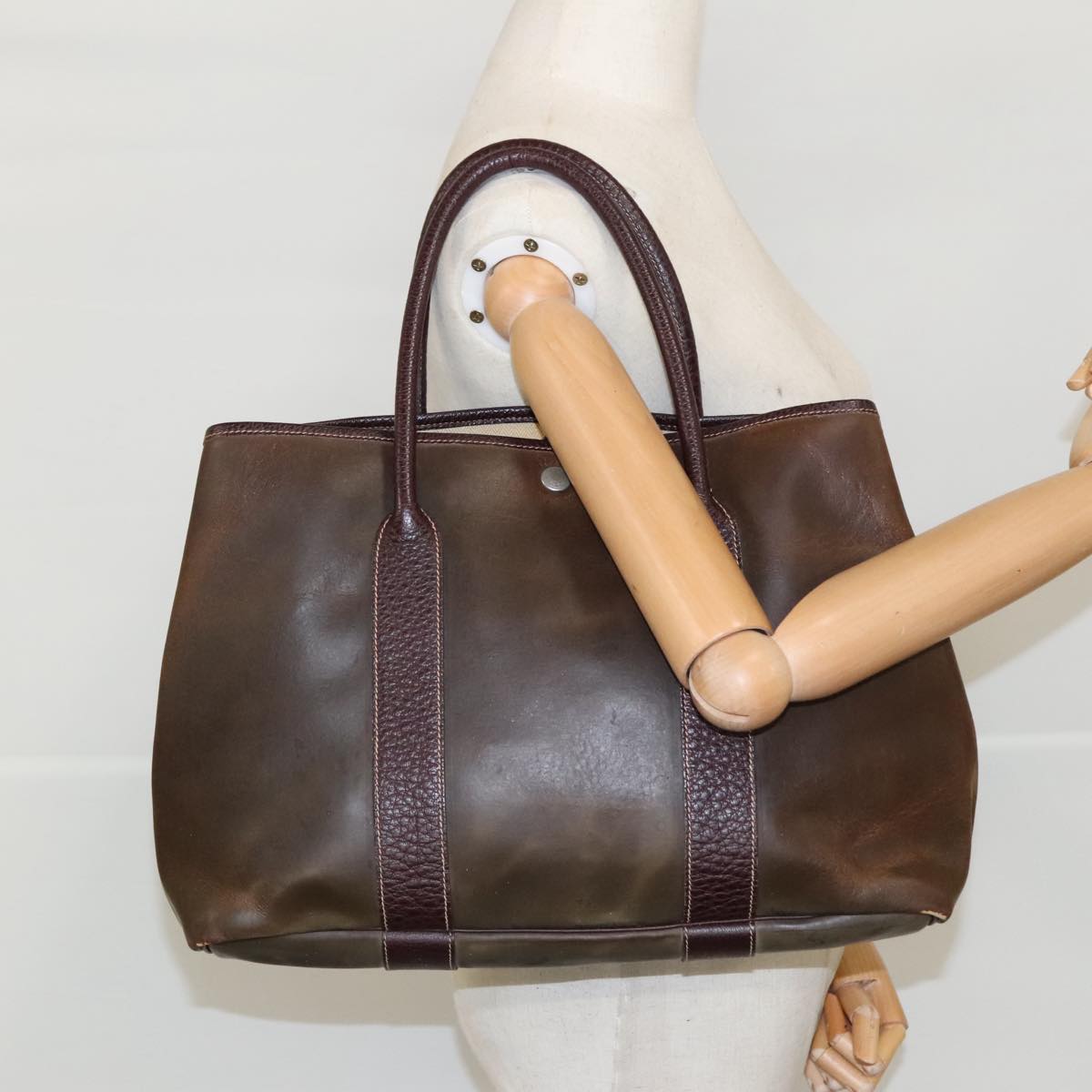 HERMES Garden Party MM Amazonia Hand Bag Leather Brown Silver Auth 93027