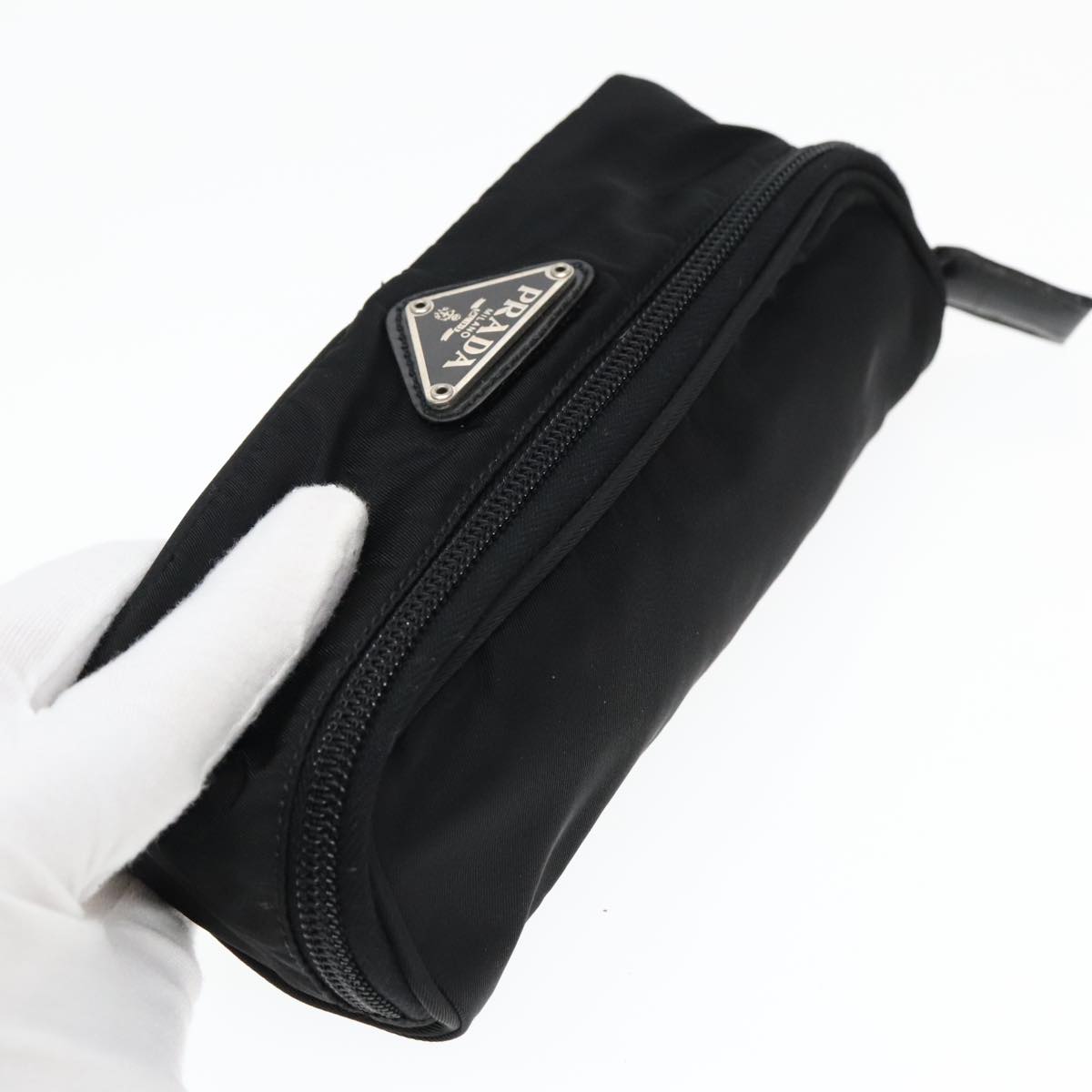 PRADA Vanity Pouch Nylon Black Silver Auth 93039