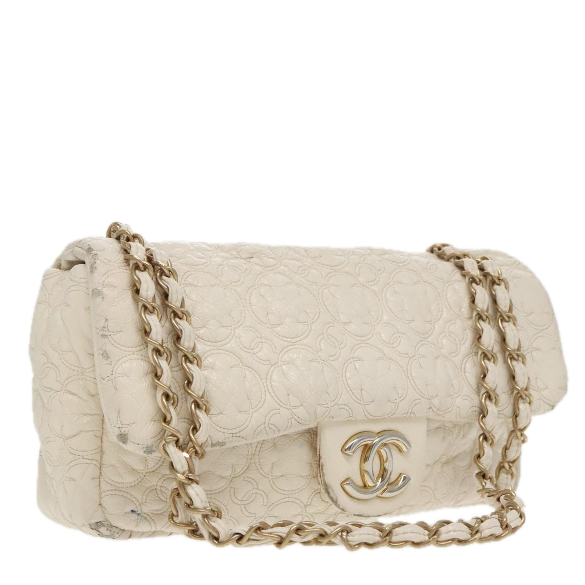 CHANEL Chain Shoulder Bag Leather White CC Auth 93079