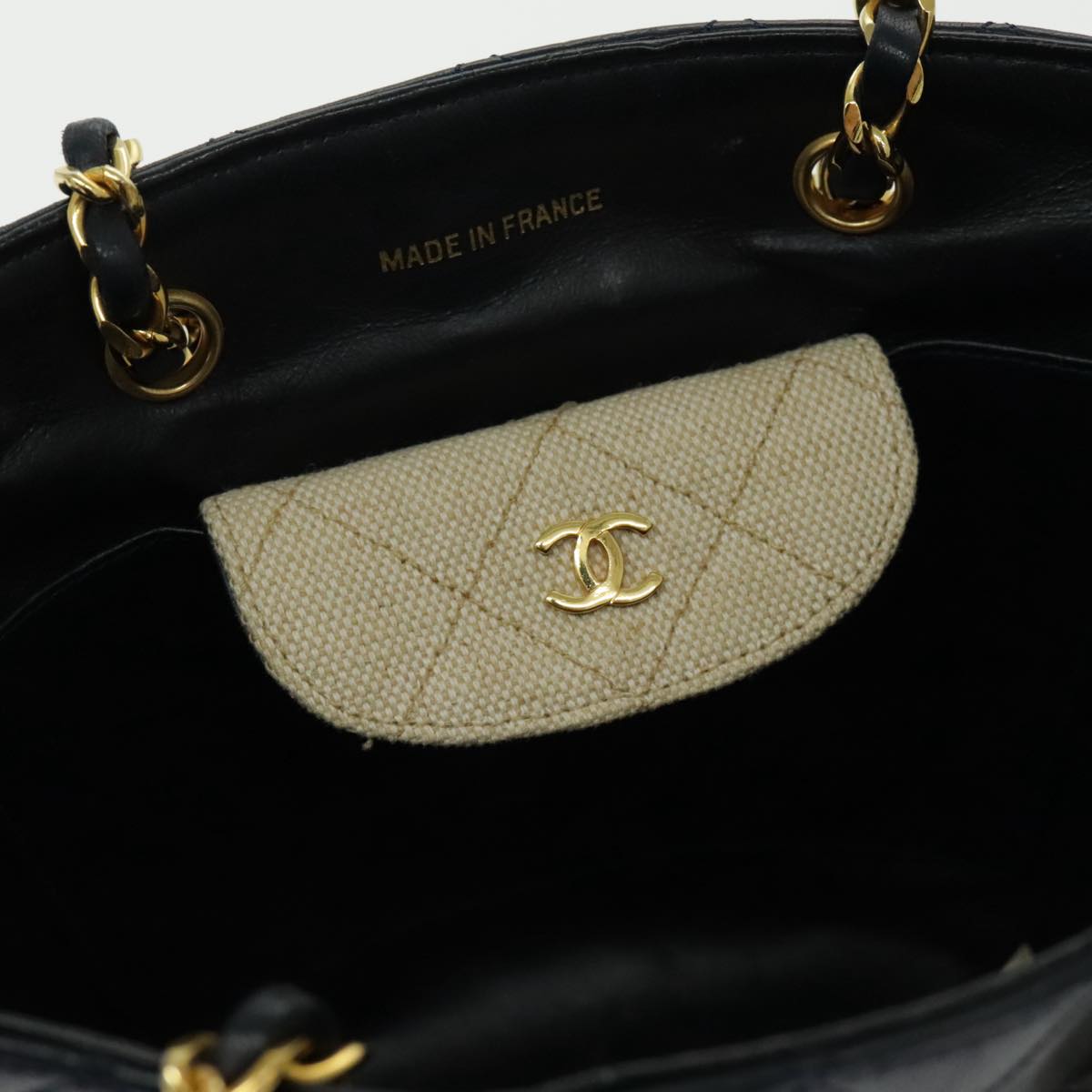 CHANEL Chain Tote Bag Canvas Lamb Skin Beige Black CC Auth 93080