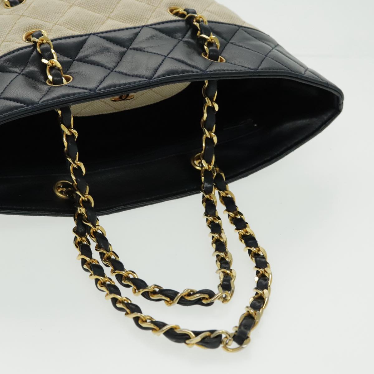 CHANEL Chain Tote Bag Canvas Lamb Skin Beige Black CC Auth 93080