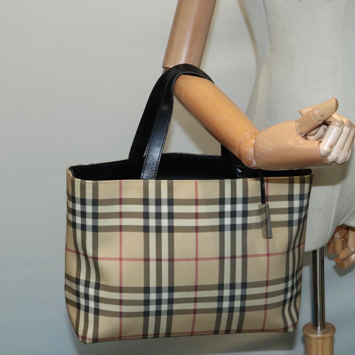 BURBERRY Nova Check Hand Bag PVC Beige Silver Auth 93194