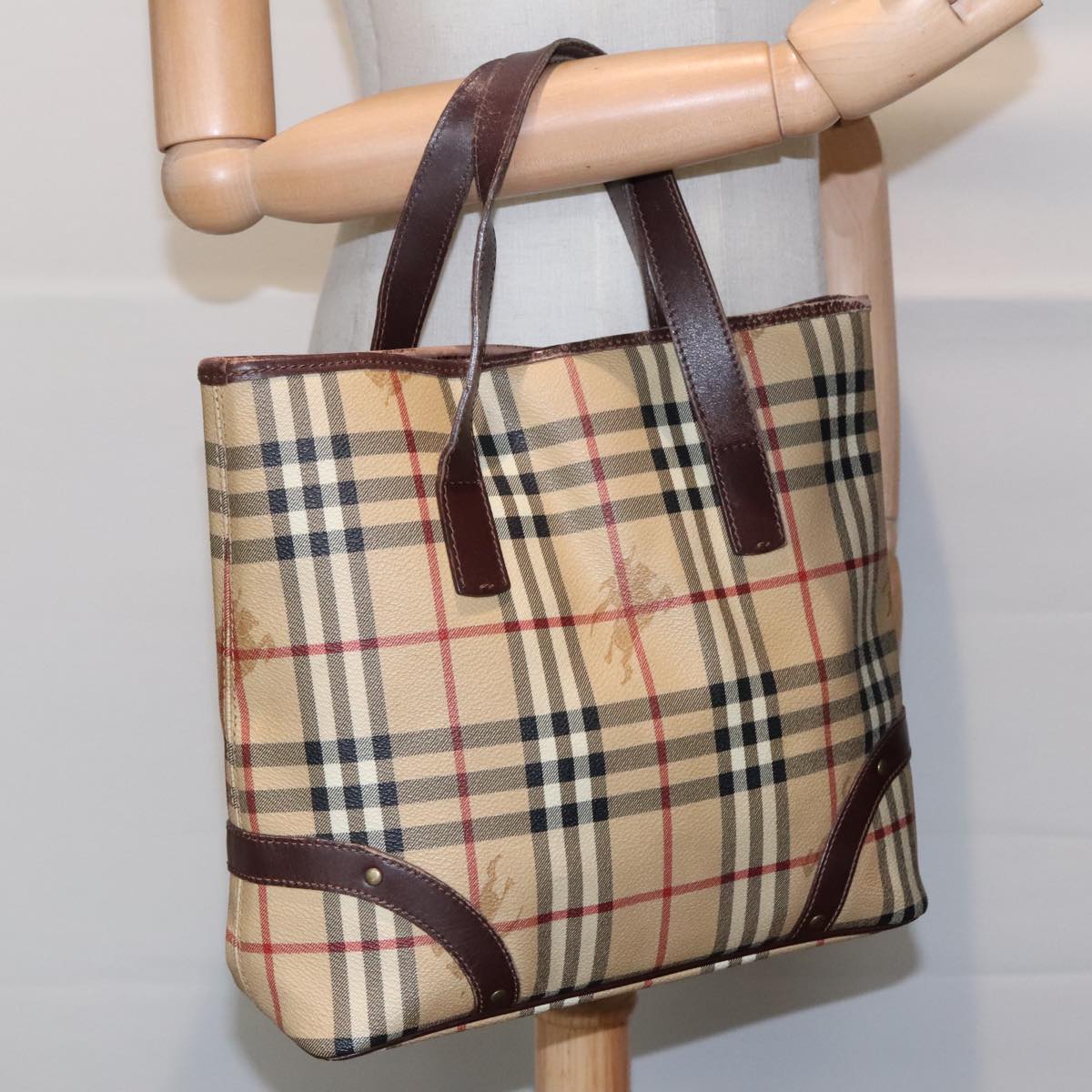 BURBERRY Nova Check Hand Bag PVC Beige Auth 93196