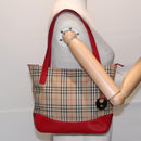 Burberrys Nova Check Hand Bag Canvas Leather Beige Red gold Auth 93197-21