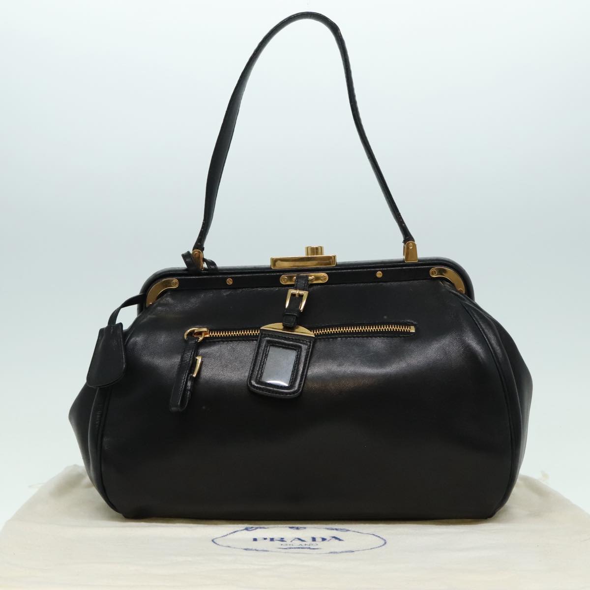 PRADA Shoulder Bag Leather Black Gold Auth 93213