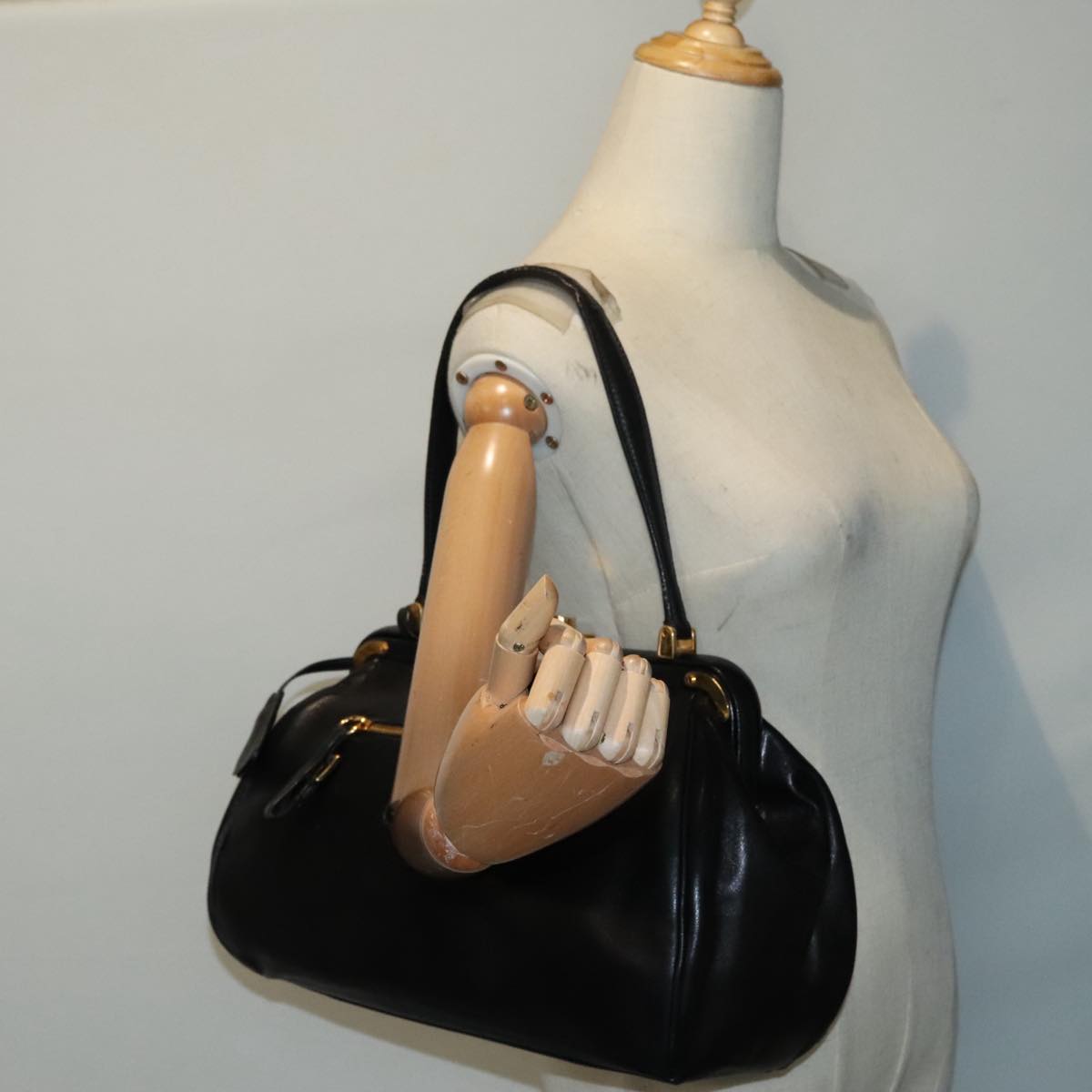 PRADA Shoulder Bag Leather Black Gold Auth 93213