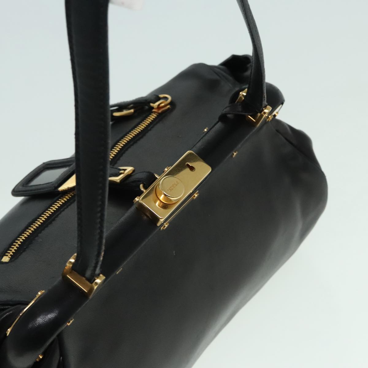 PRADA Shoulder Bag Leather Black Gold Auth 93213