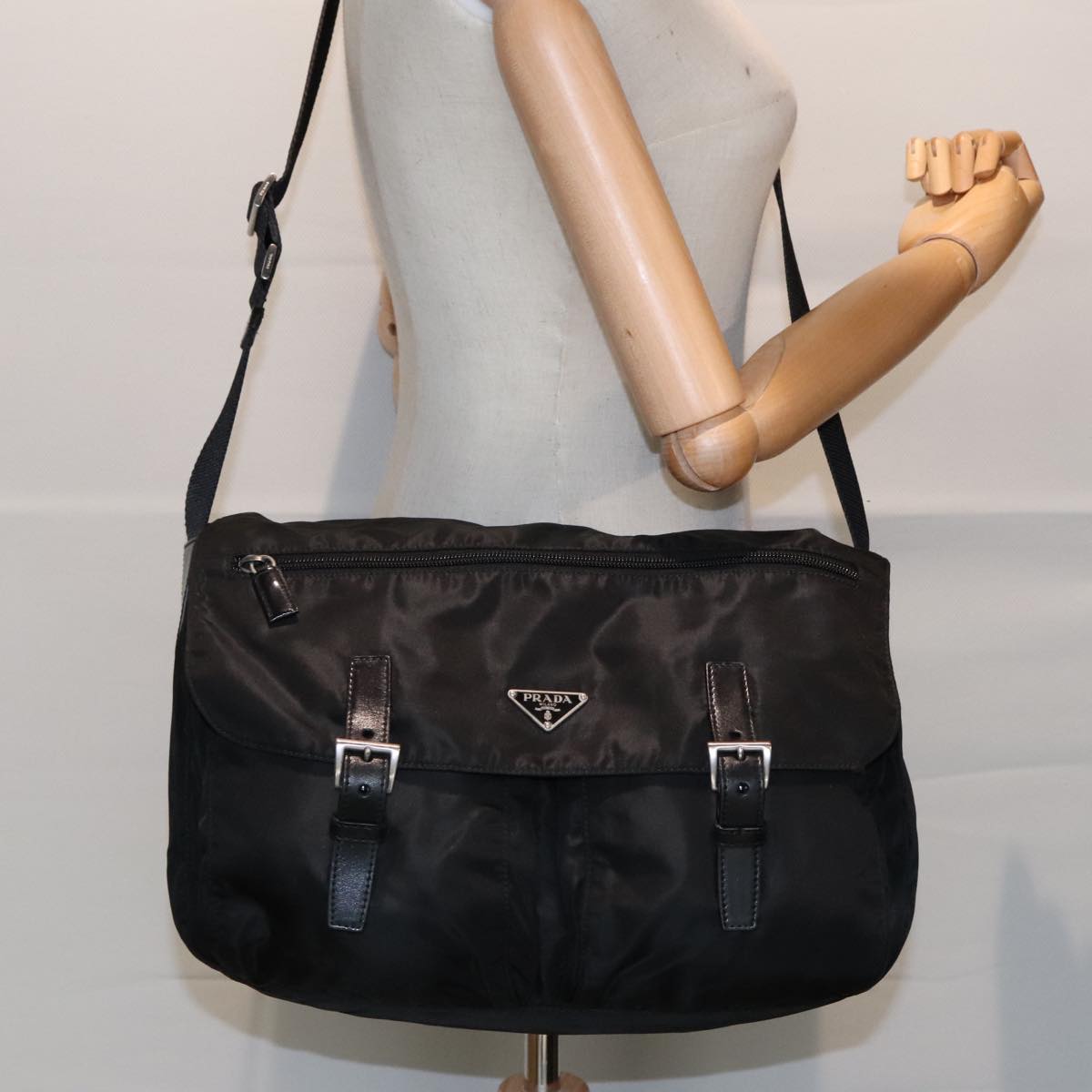 PRADA Shoulder Bag Nylon Black Silver Auth 93215