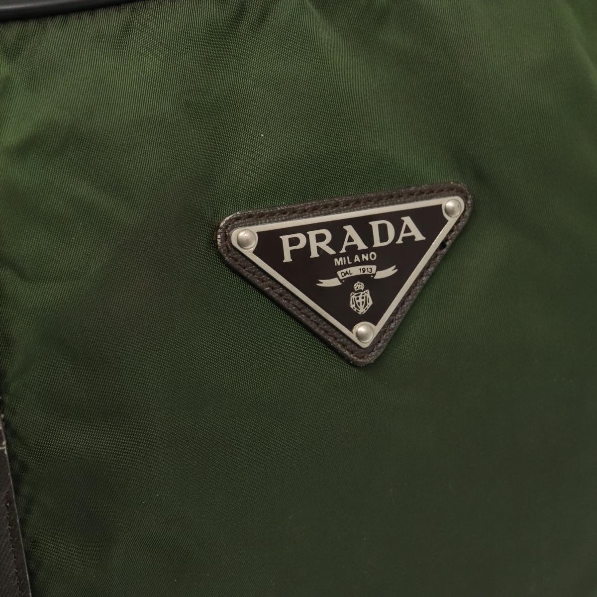 PRADA Boston Bag Nylon Khaki Dark Brown Silver Auth 93216