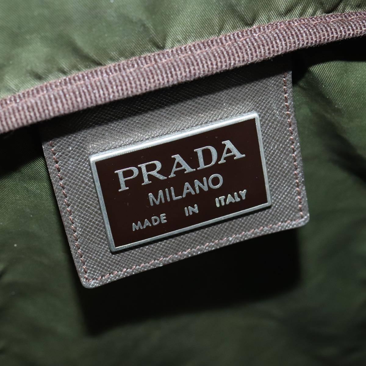 PRADA Boston Bag Nylon Khaki Dark Brown Silver Auth 93216